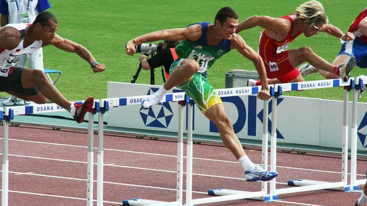 Decathletes clear the barriers in a 110 metres hurdles heat at the 2007 World Athletics Championships in Osaka